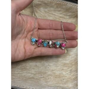 Native American SW Sterling Silver Pink Cotton Candy Dahlia 6 Stone Bar Necklace